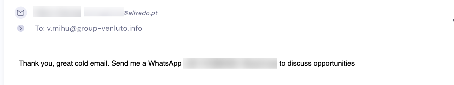 Reply from a prospect at alfredo.pt: Thank you, great cold email. Would love to discuss opportunities
